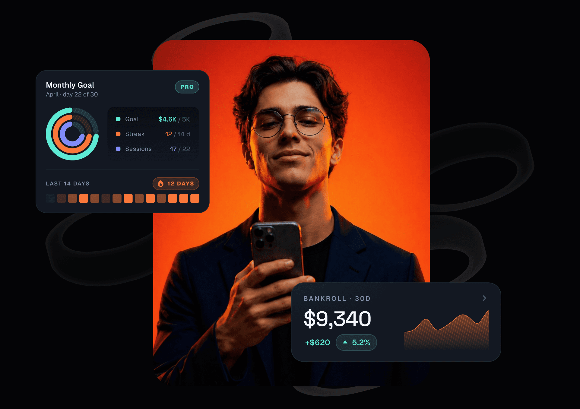 Stacker app — monthly goal and bankroll cards around a player using the app