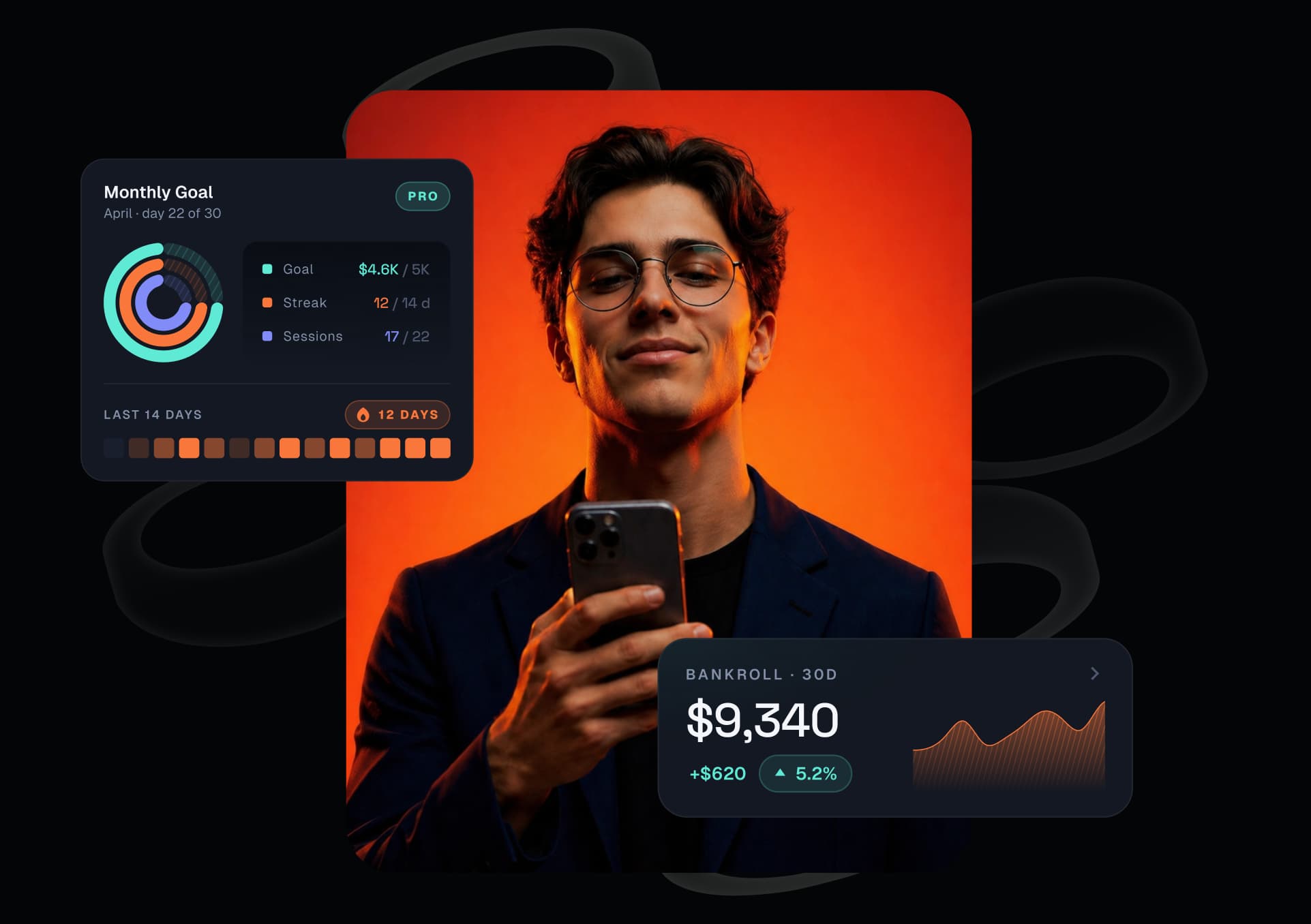 Stacker app — monthly goal and bankroll cards around a player using the app