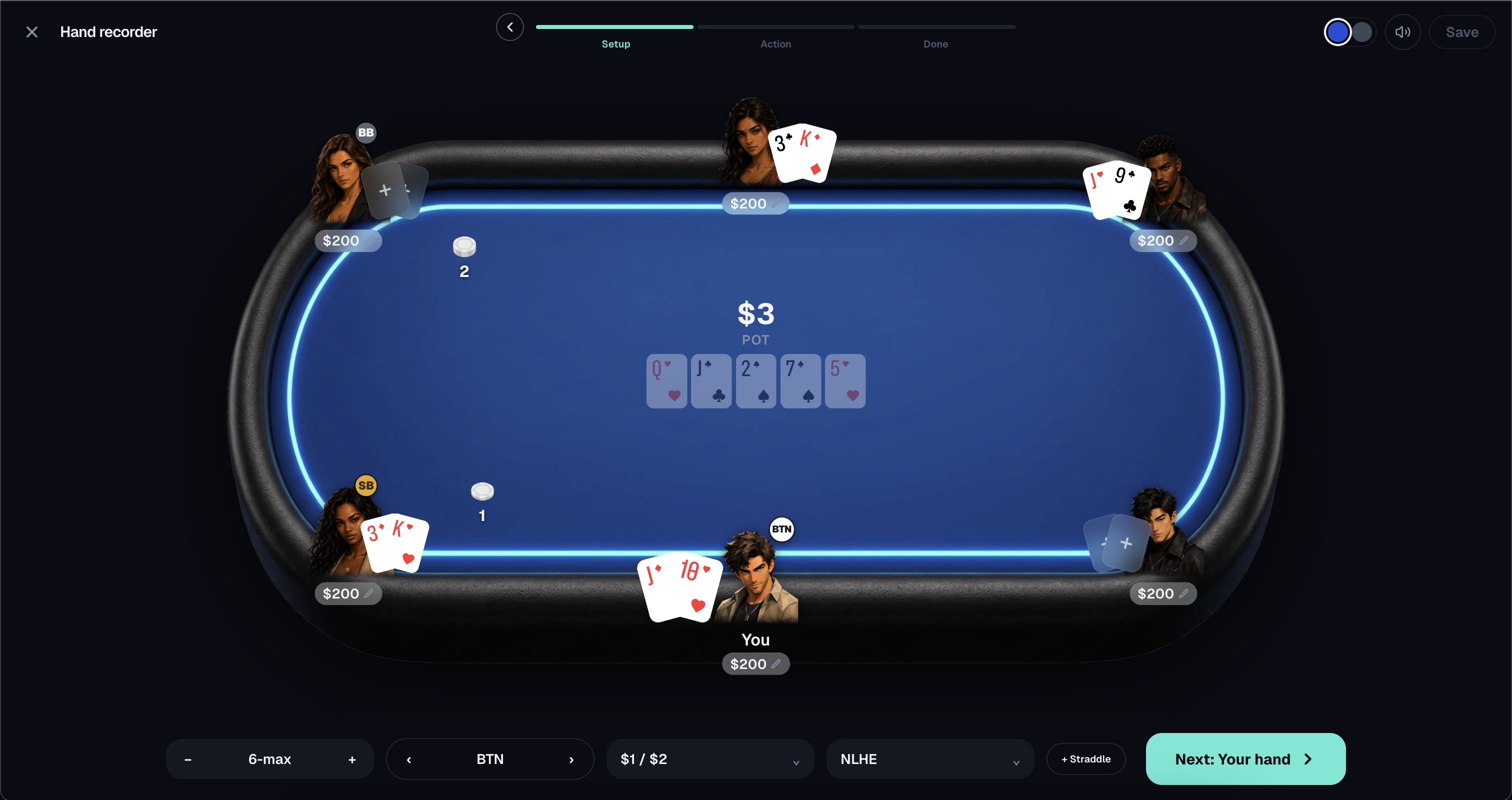 The same hand recorder in the browser: the six-max table stretched wide, with table size, position, stakes and game controls in a row beneath the felt.